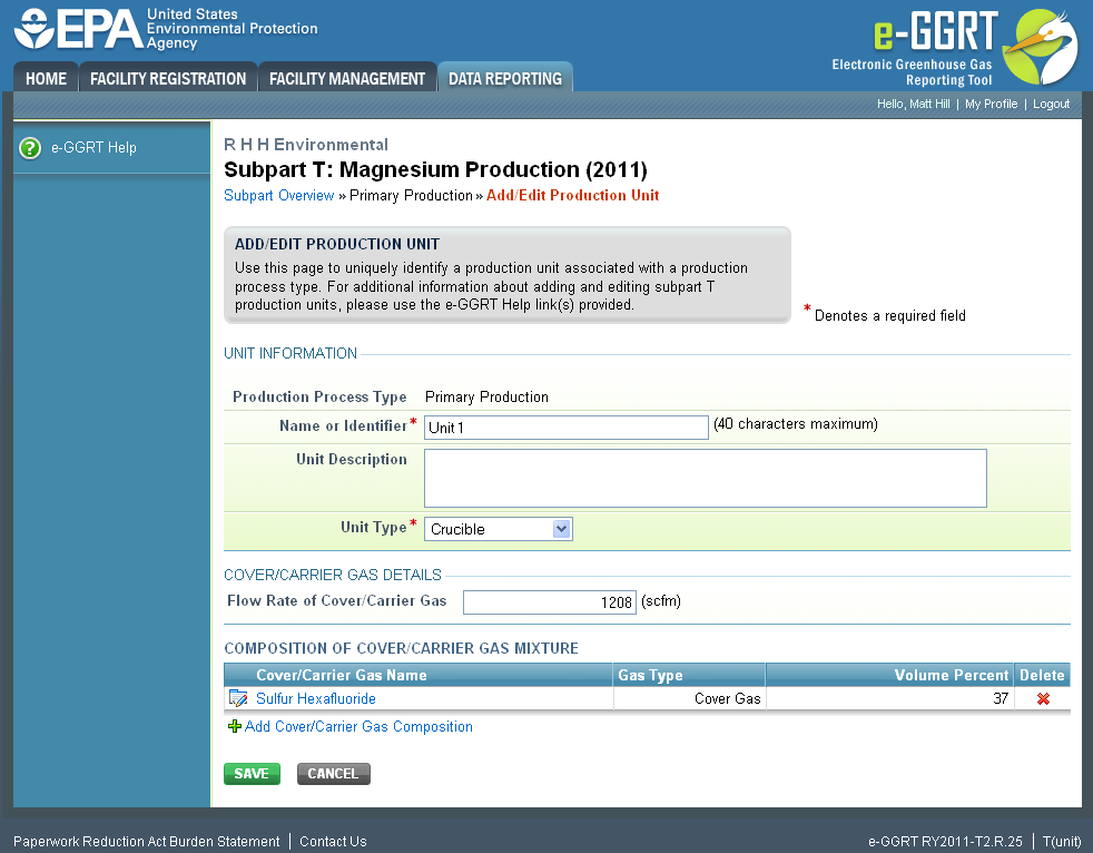 Subpart T: GHG Composition Step 2 - Clicking the SAVE button adds the composition